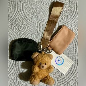 Adorable Tan Teddy Bear Keychain with Black and Tan Pouches